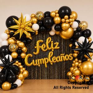 SET DE GLOBOS ARCO XL FELIZ CUMPLEA�OS ORO Y NEGRO (GY 7820) 100 UNIDADES